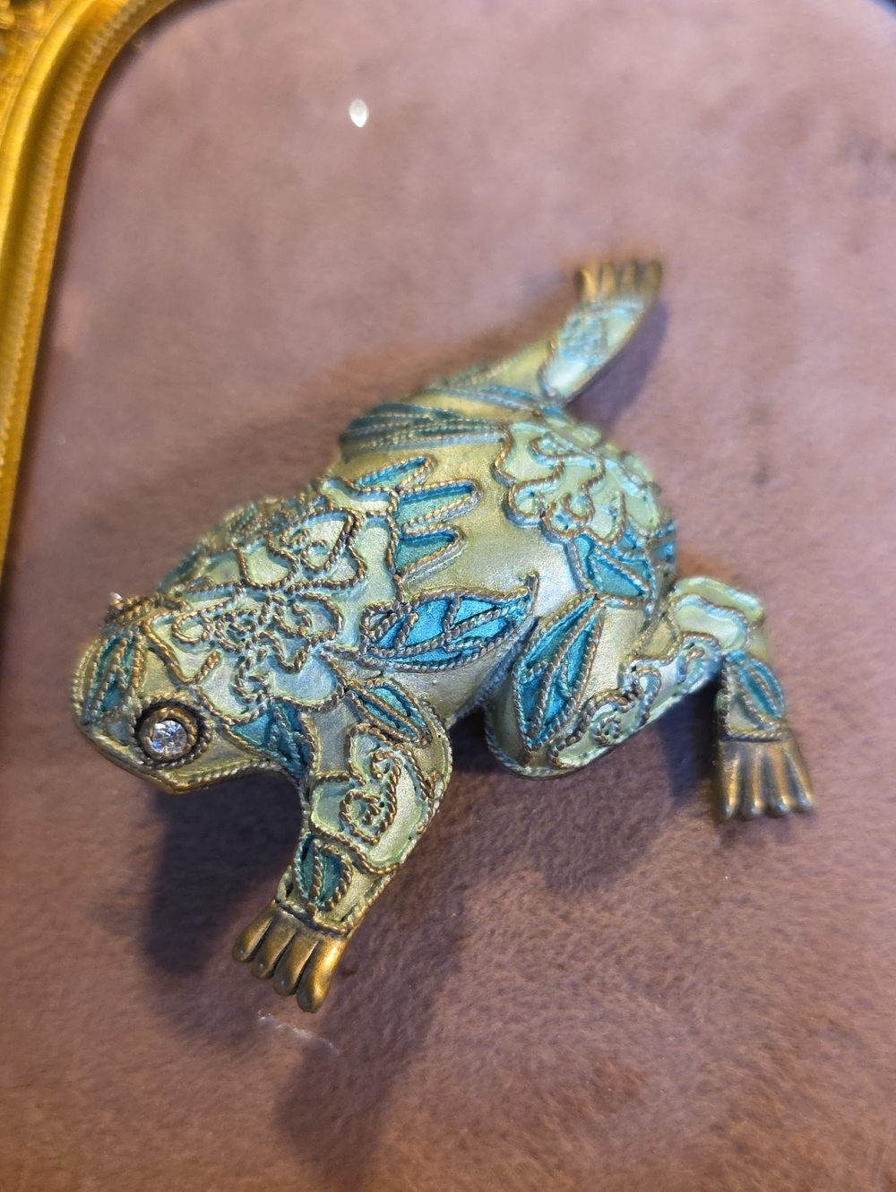 Vintage Cloisonné Frog Brooch Pin Green Teal Enamel 3.25"